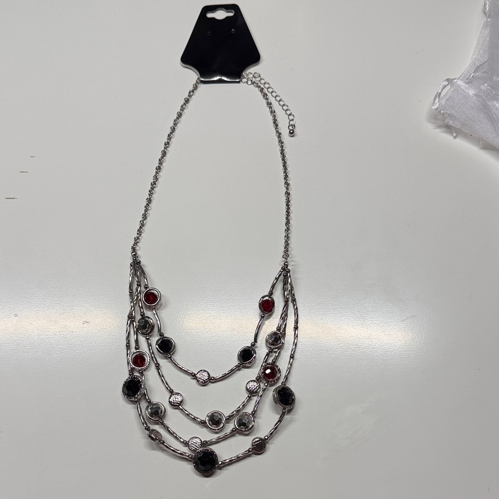 Multi-Strand Silver-Tone Necklace with Red and Black Stones
